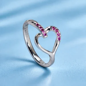 Open Heart Pink Stone Silver Ring