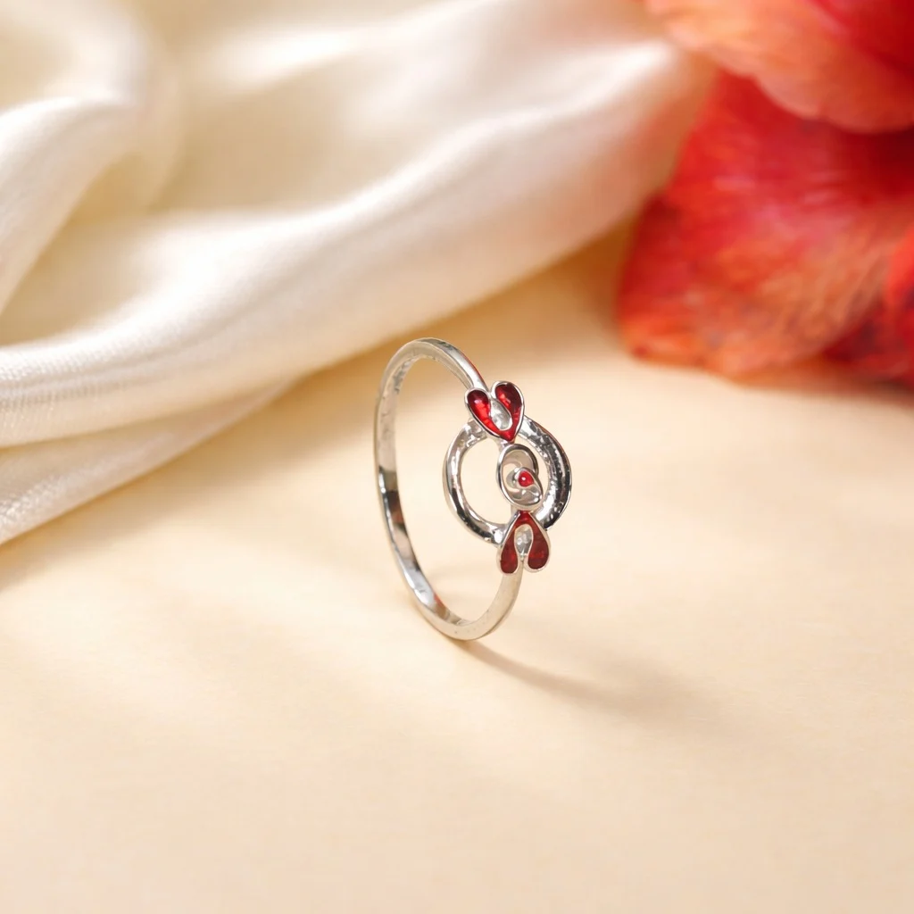 Red Petal Floral Silver Ring