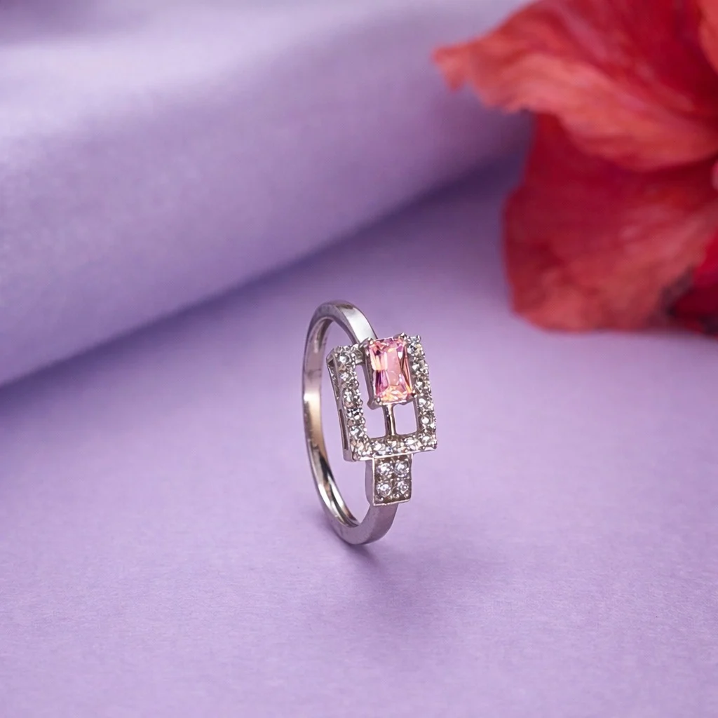 Pink Crystal Geometric Silver Ring